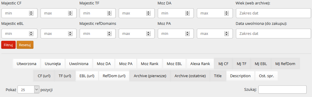 Filtry i kolumny w StareDomeny.pl